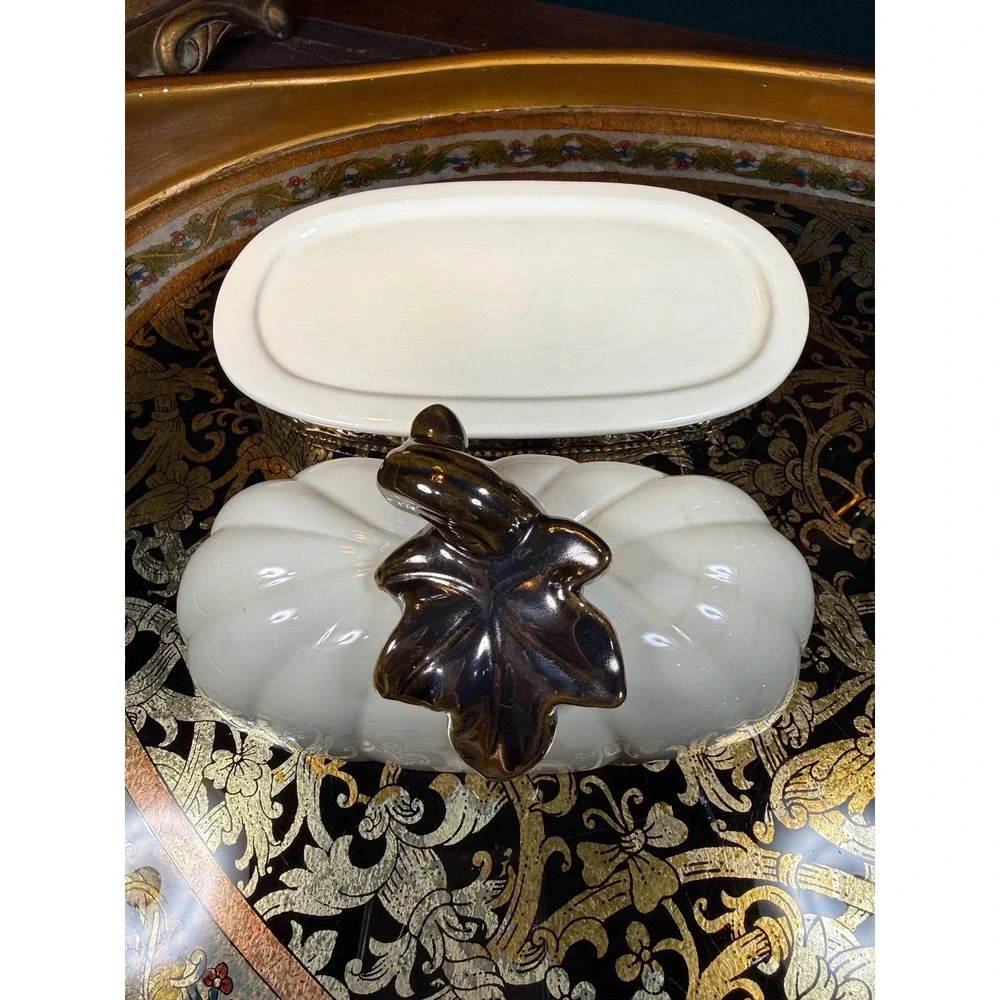 Vintage Pumpkin Butter Dish - Covered Dish with Ivory‎ & Metallic Glaze